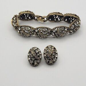 Selini Jewelry Set Bracelet Clip On Earrings Rhinestones Gold Tone Vintage Sign